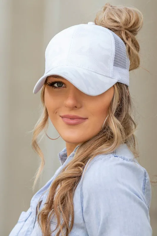 Sleek Camo Messy Snapback Mesh Back Fashion Bun Cap