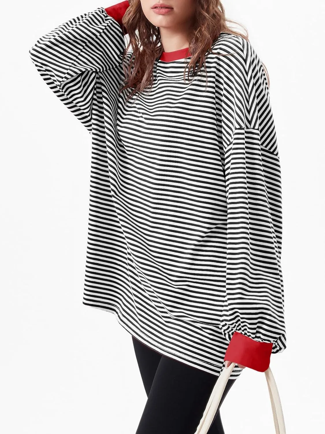 Tankaneo Womens Oversized Long Sleeve T Shirts Striped Color Block Cotton Tunic Tops Loose Fit Fall Crewneck Sweatshirt