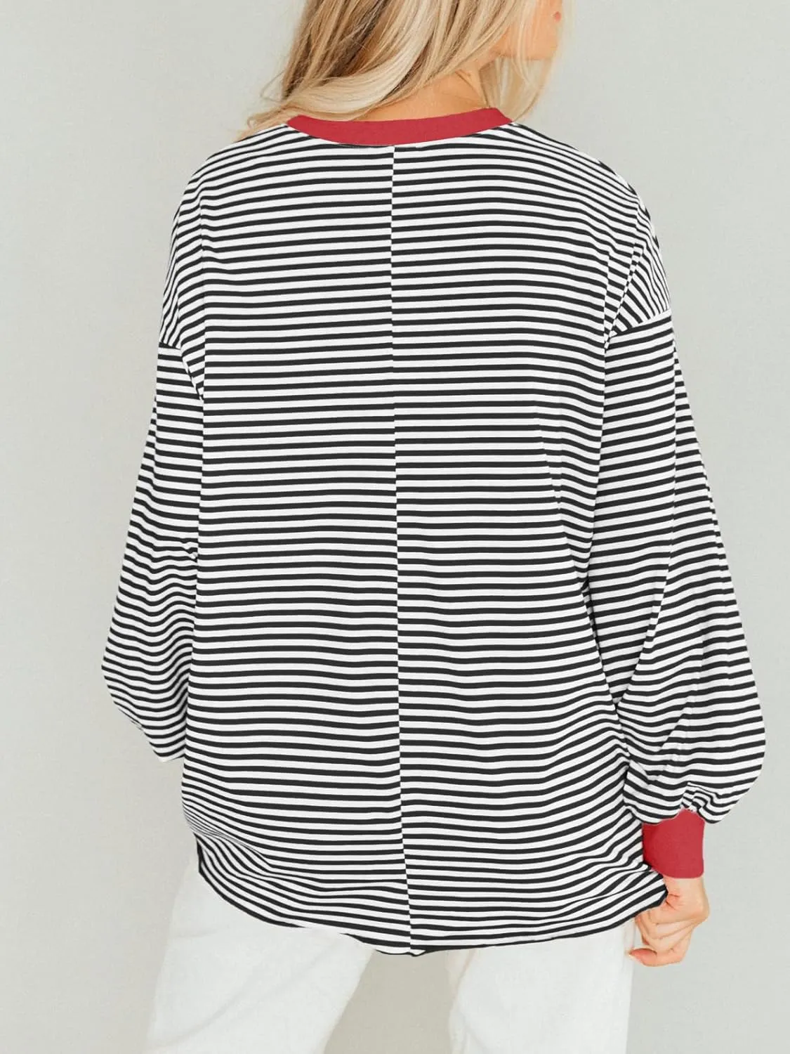 Tankaneo Womens Oversized Long Sleeve T Shirts Striped Color Block Cotton Tunic Tops Loose Fit Fall Crewneck Sweatshirt