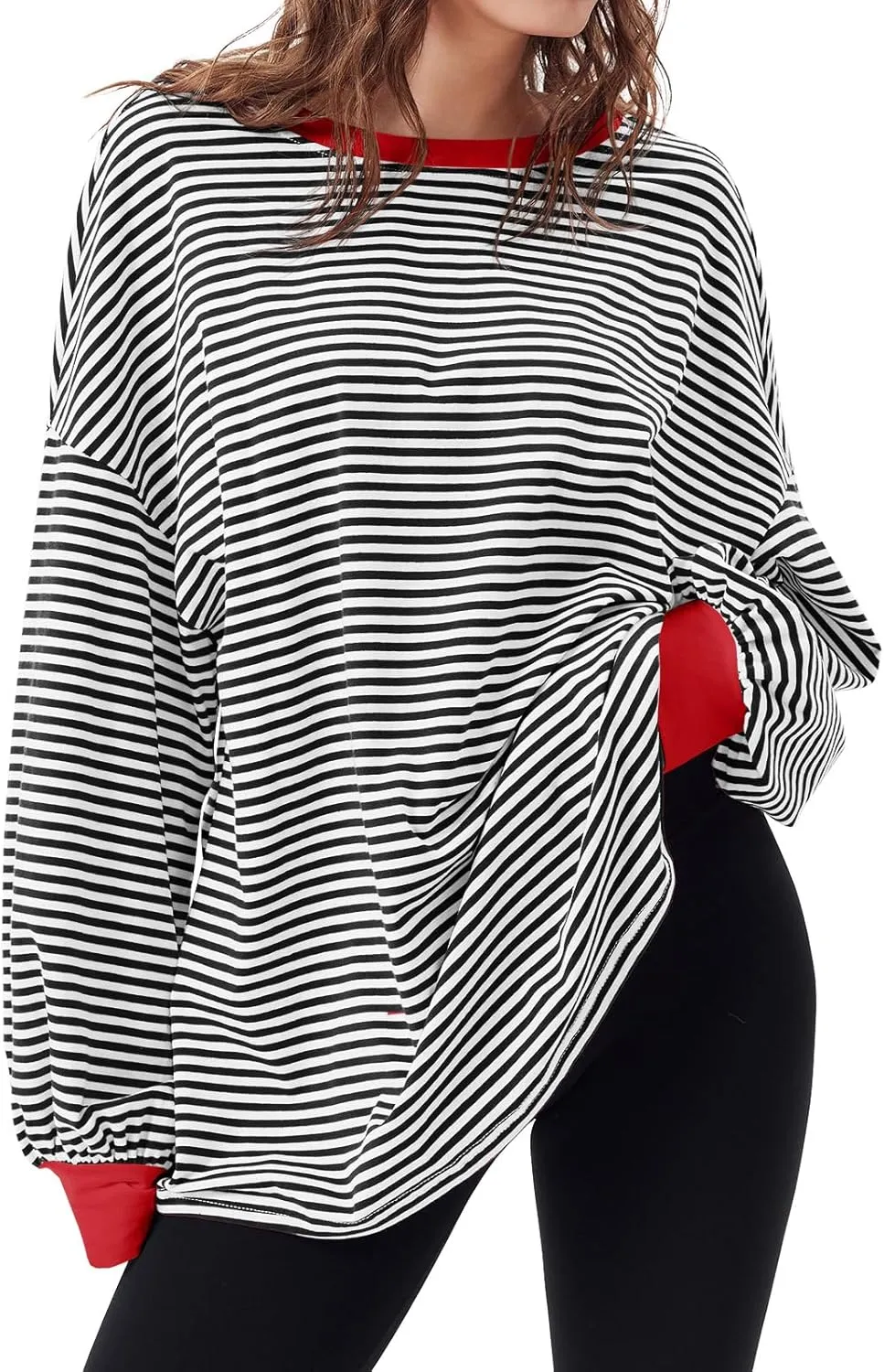 Tankaneo Womens Oversized Long Sleeve T Shirts Striped Color Block Cotton Tunic Tops Loose Fit Fall Crewneck Sweatshirt