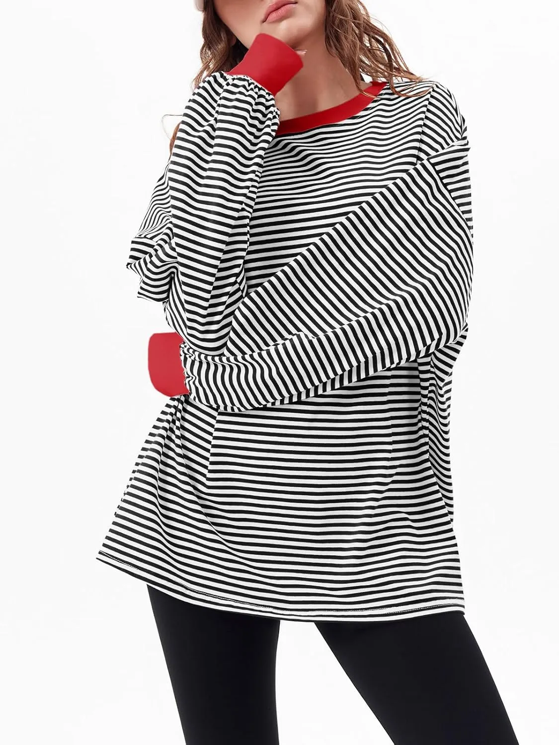 Tankaneo Womens Oversized Long Sleeve T Shirts Striped Color Block Cotton Tunic Tops Loose Fit Fall Crewneck Sweatshirt