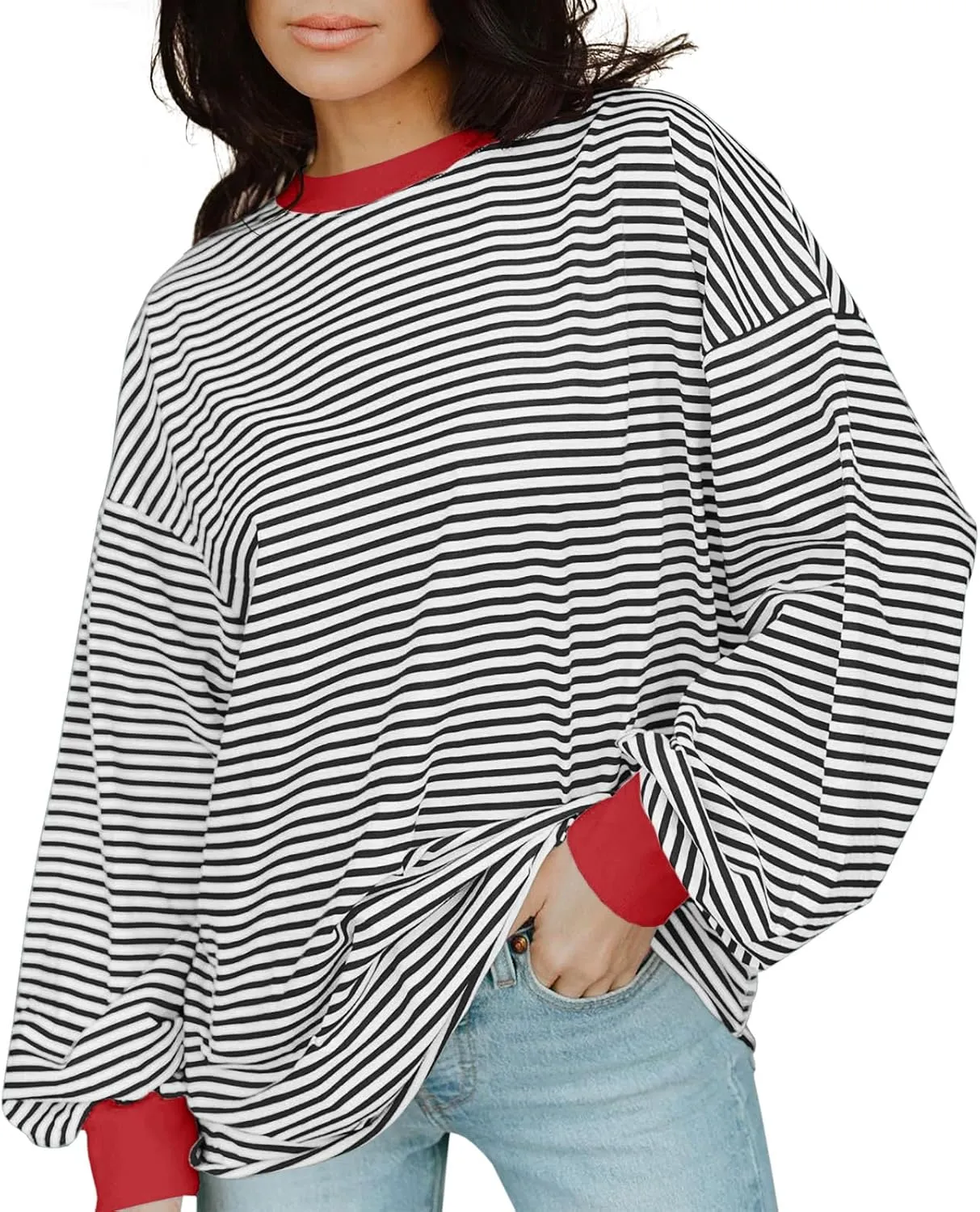 Tankaneo Womens Oversized Long Sleeve T Shirts Striped Color Block Cotton Tunic Tops Loose Fit Fall Crewneck Sweatshirt