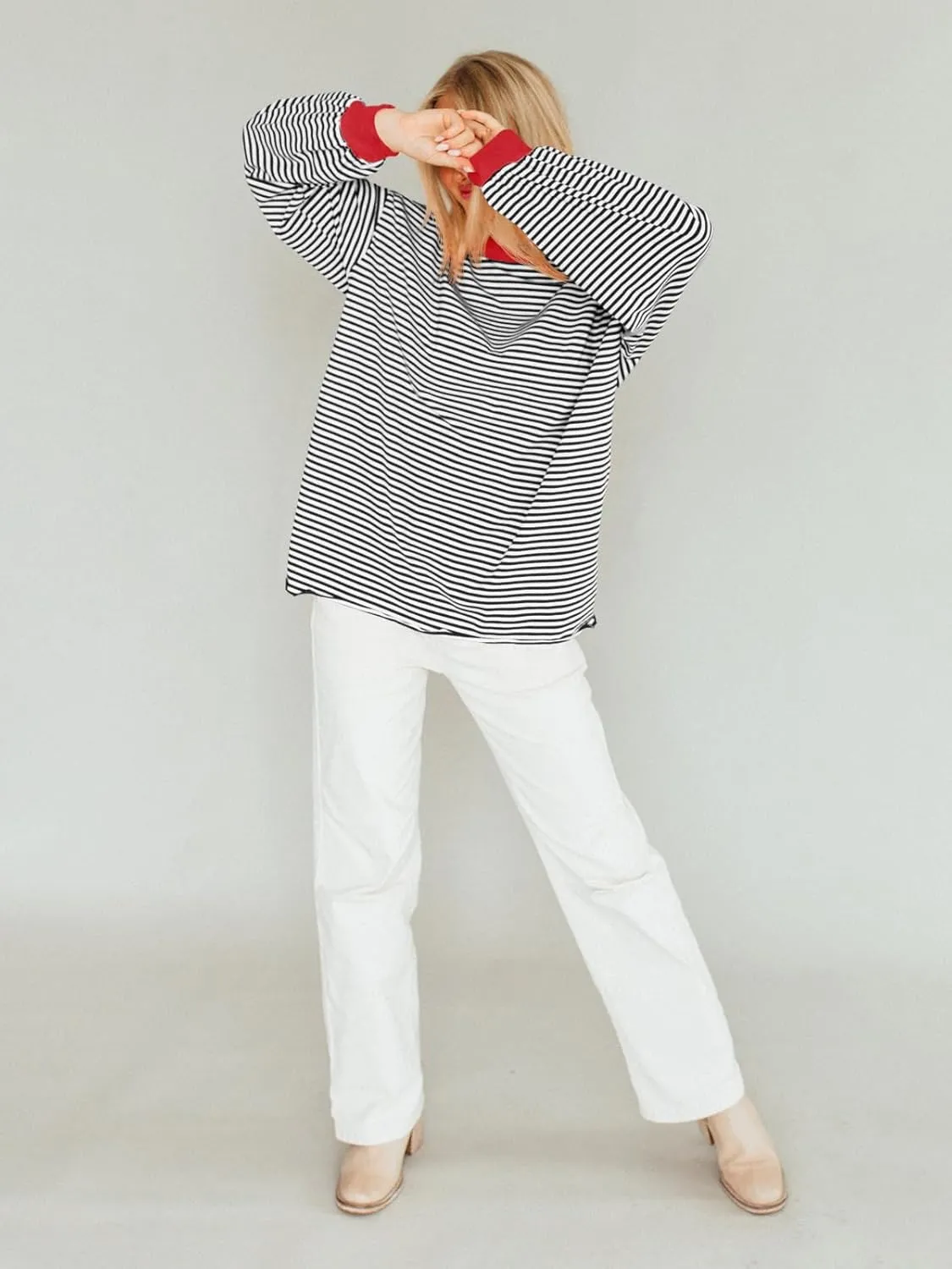 Tankaneo Womens Oversized Long Sleeve T Shirts Striped Color Block Cotton Tunic Tops Loose Fit Fall Crewneck Sweatshirt