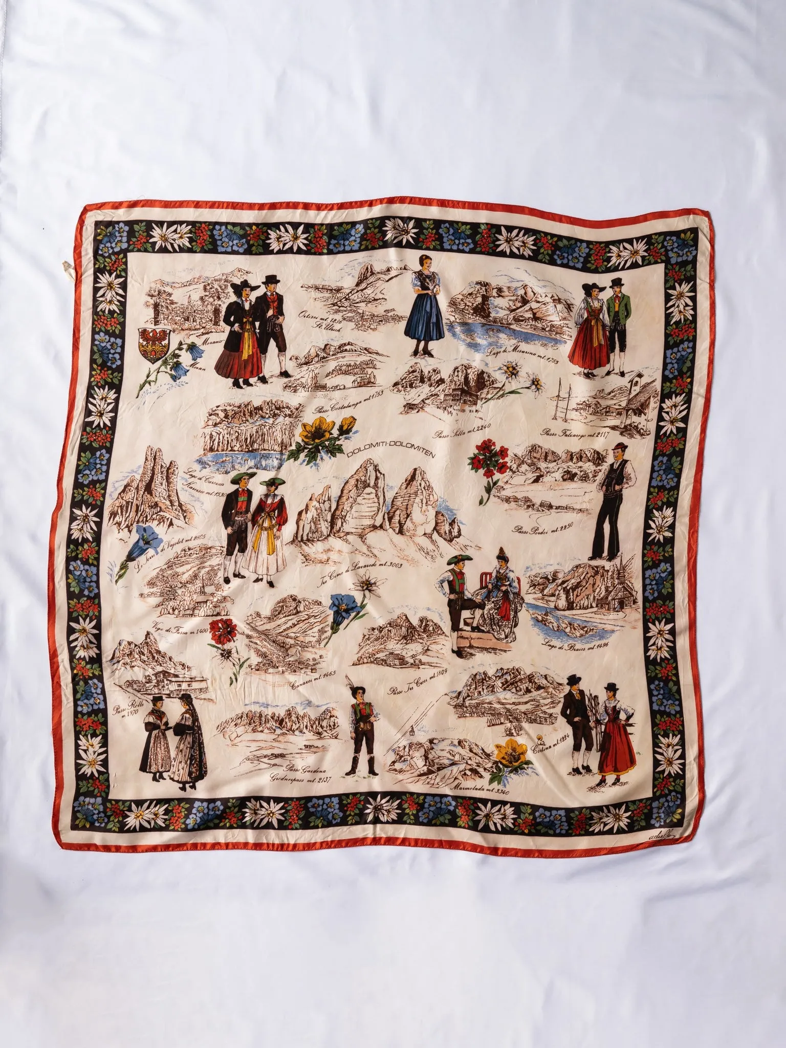 Vintage Cultural Print Floral Border White Silk Scarf