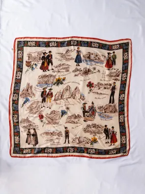 Vintage Cultural Print Floral Border White Silk Scarf