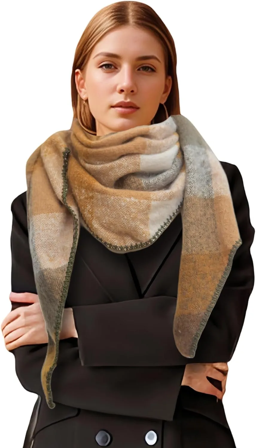Wander Agio Women Fashion Shawl Warm Long Winter Wrap Scarves Cashmere Soft Feel Plaid Triangle Scarf