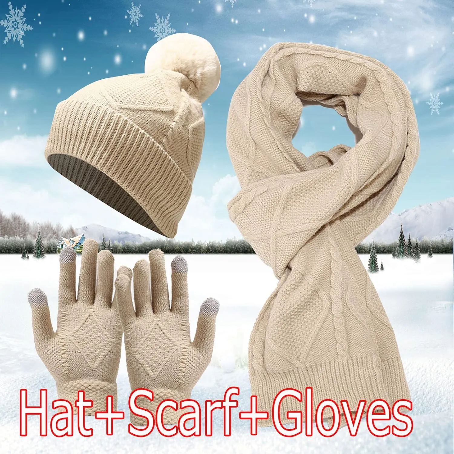 Warm Knit Scarf Gloves Winter Cycling Men Adult Skiing Hat Sets Hat Women Windproof Knitted Baseball Caps for Vacation
