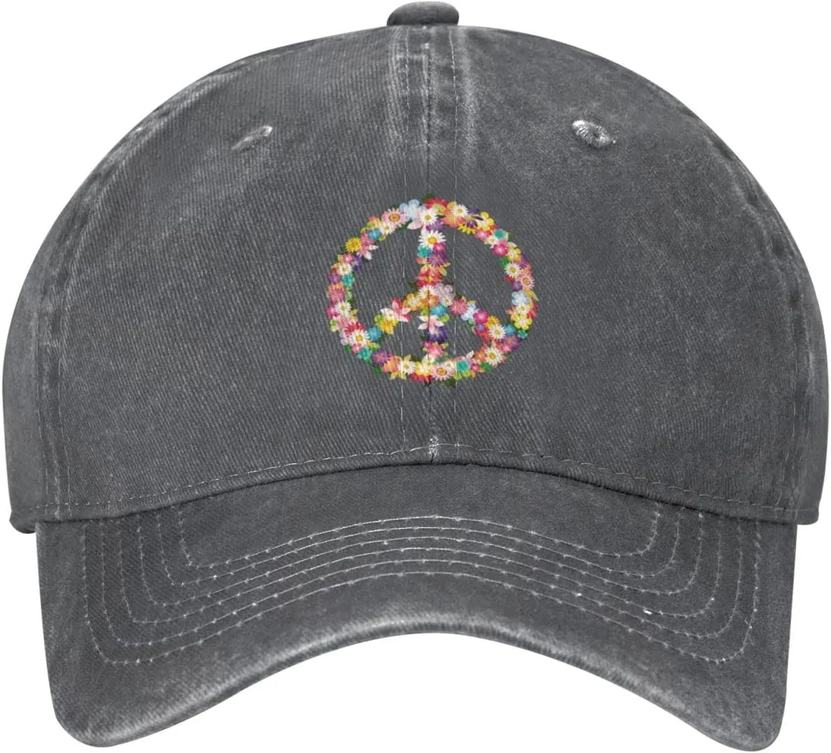 Washed Distressed Adjustable Peace and Love Symbol Flowers Womens Denim Baseball Cap Mom Trucker Hat Cap for Women