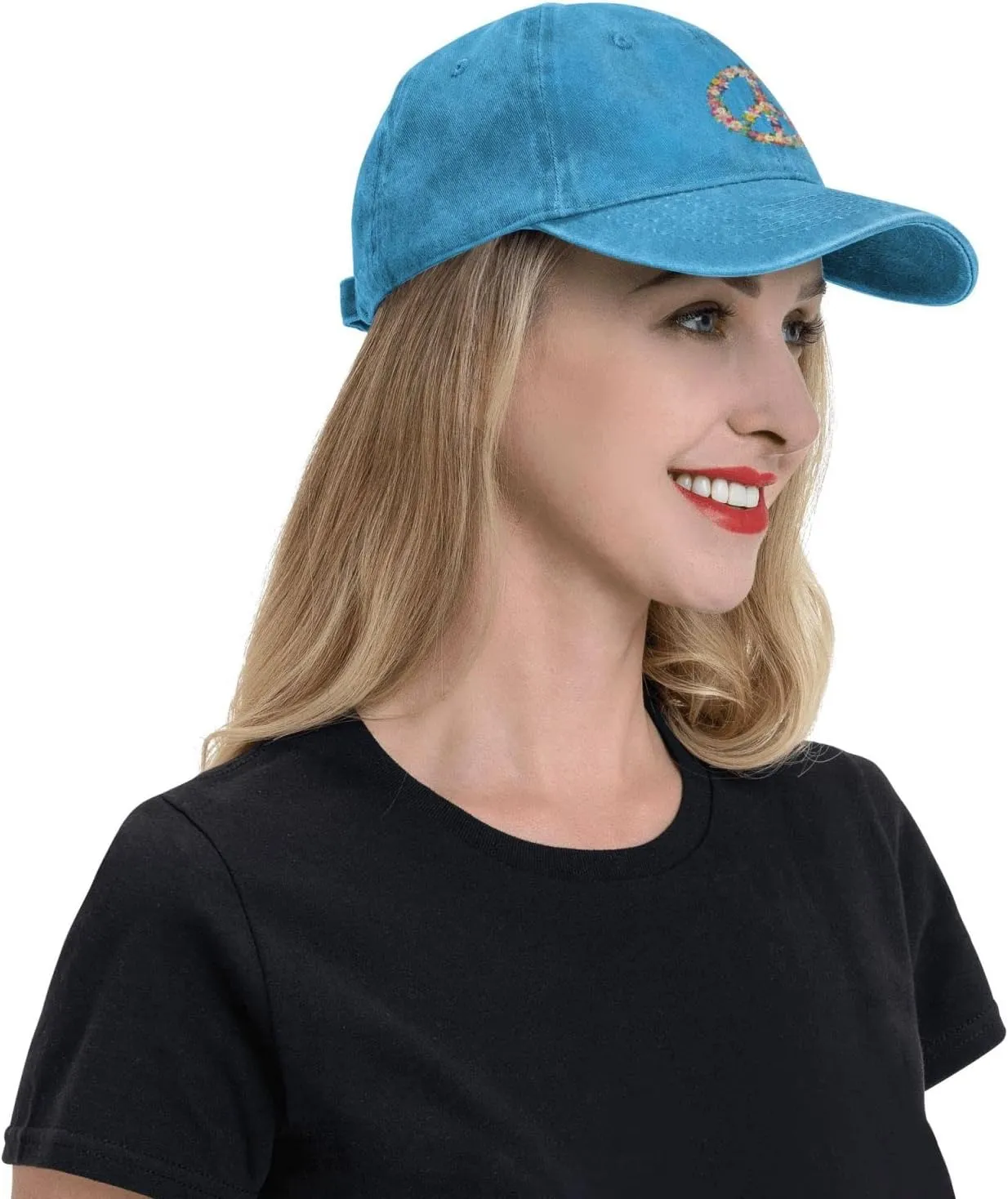 Washed Distressed Adjustable Peace and Love Symbol Flowers Womens Denim Baseball Cap Mom Trucker Hat Cap for Women