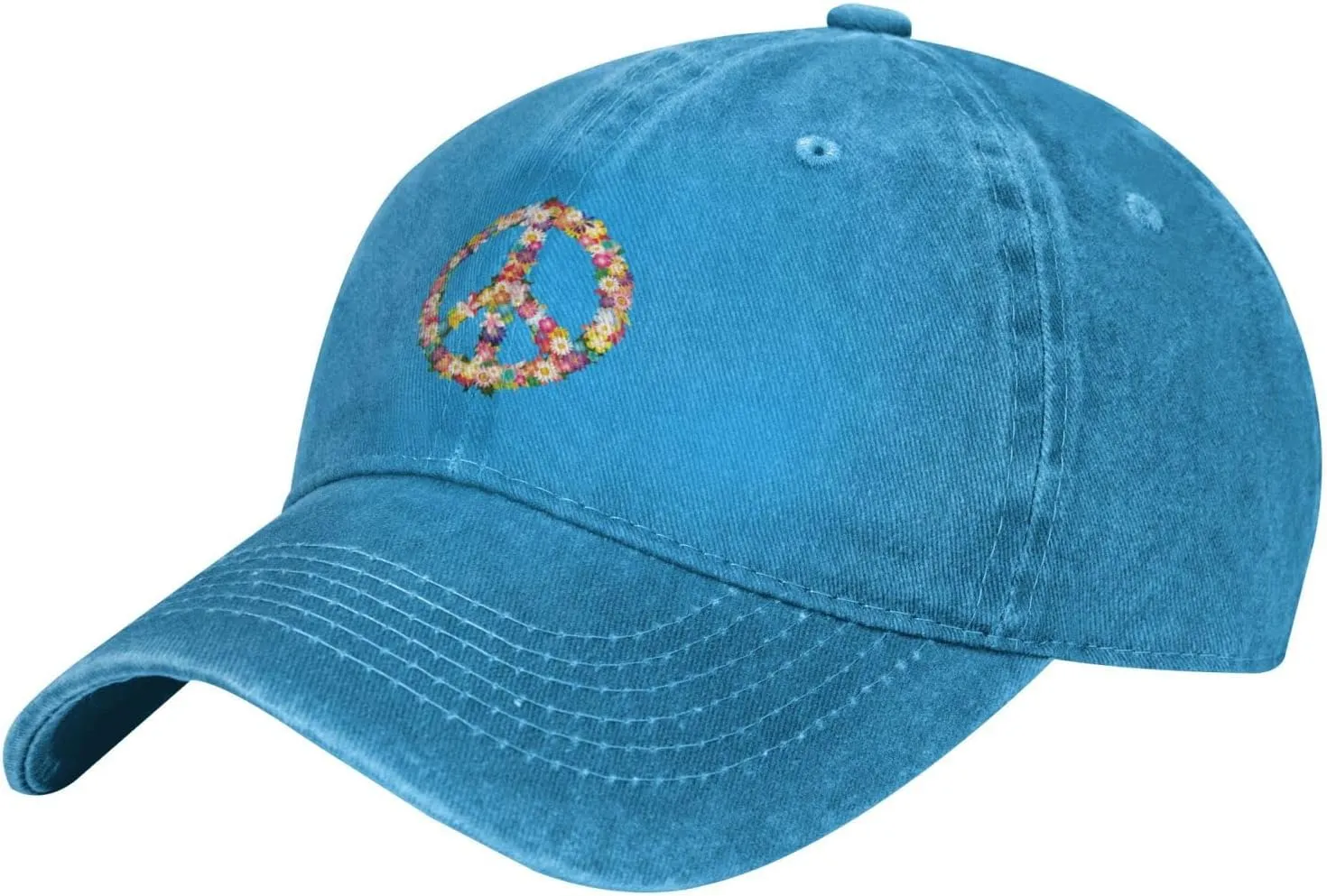 Washed Distressed Adjustable Peace and Love Symbol Flowers Womens Denim Baseball Cap Mom Trucker Hat Cap for Women