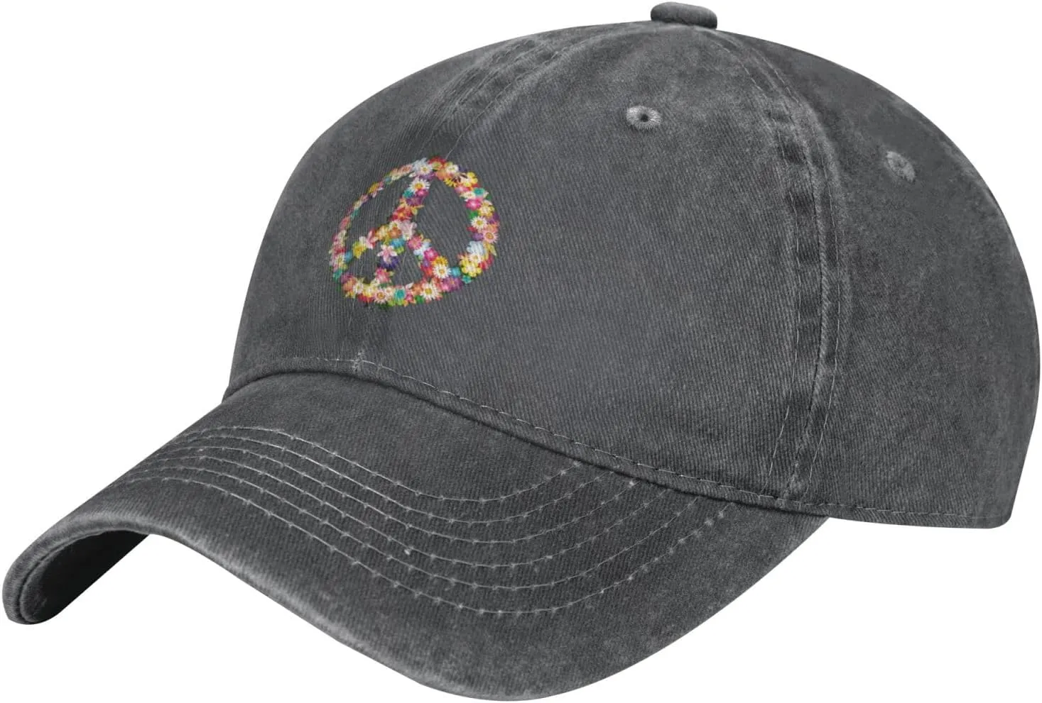 Washed Distressed Adjustable Peace and Love Symbol Flowers Womens Denim Baseball Cap Mom Trucker Hat Cap for Women
