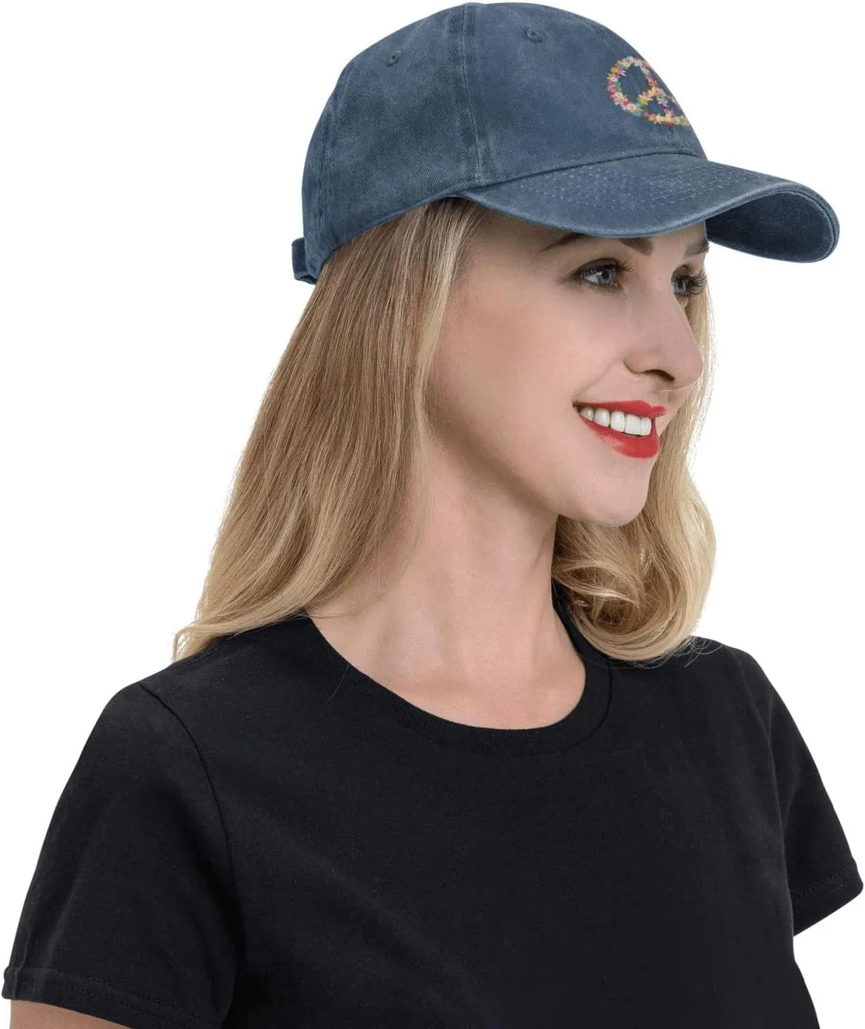 Washed Distressed Adjustable Peace and Love Symbol Flowers Womens Denim Baseball Cap Mom Trucker Hat Cap for Women