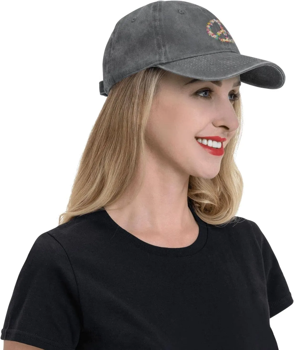 Washed Distressed Adjustable Peace and Love Symbol Flowers Womens Denim Baseball Cap Mom Trucker Hat Cap for Women