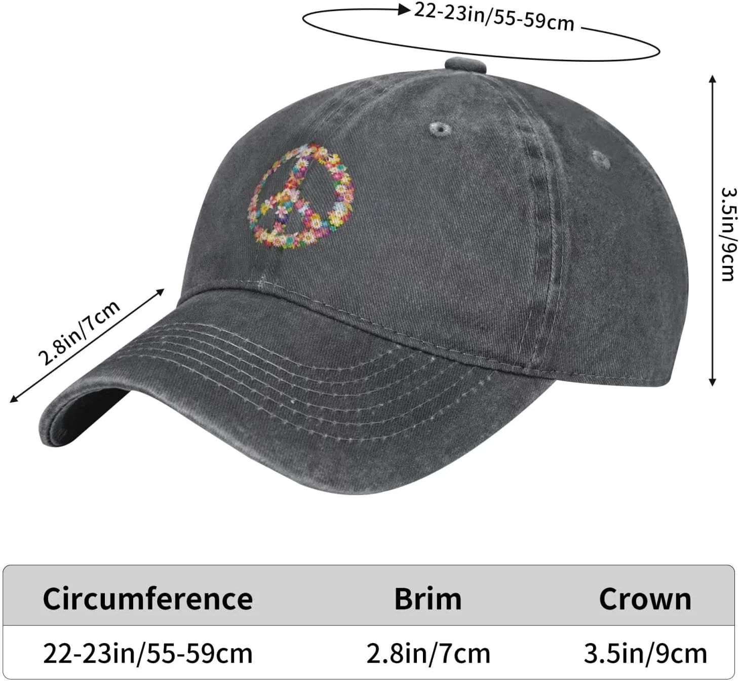 Washed Distressed Adjustable Peace and Love Symbol Flowers Womens Denim Baseball Cap Mom Trucker Hat Cap for Women