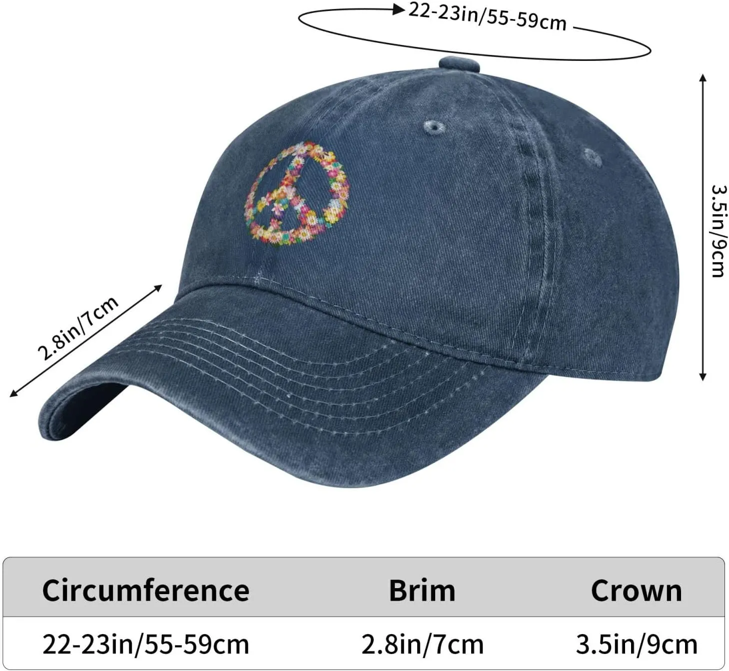Washed Distressed Adjustable Peace and Love Symbol Flowers Womens Denim Baseball Cap Mom Trucker Hat Cap for Women