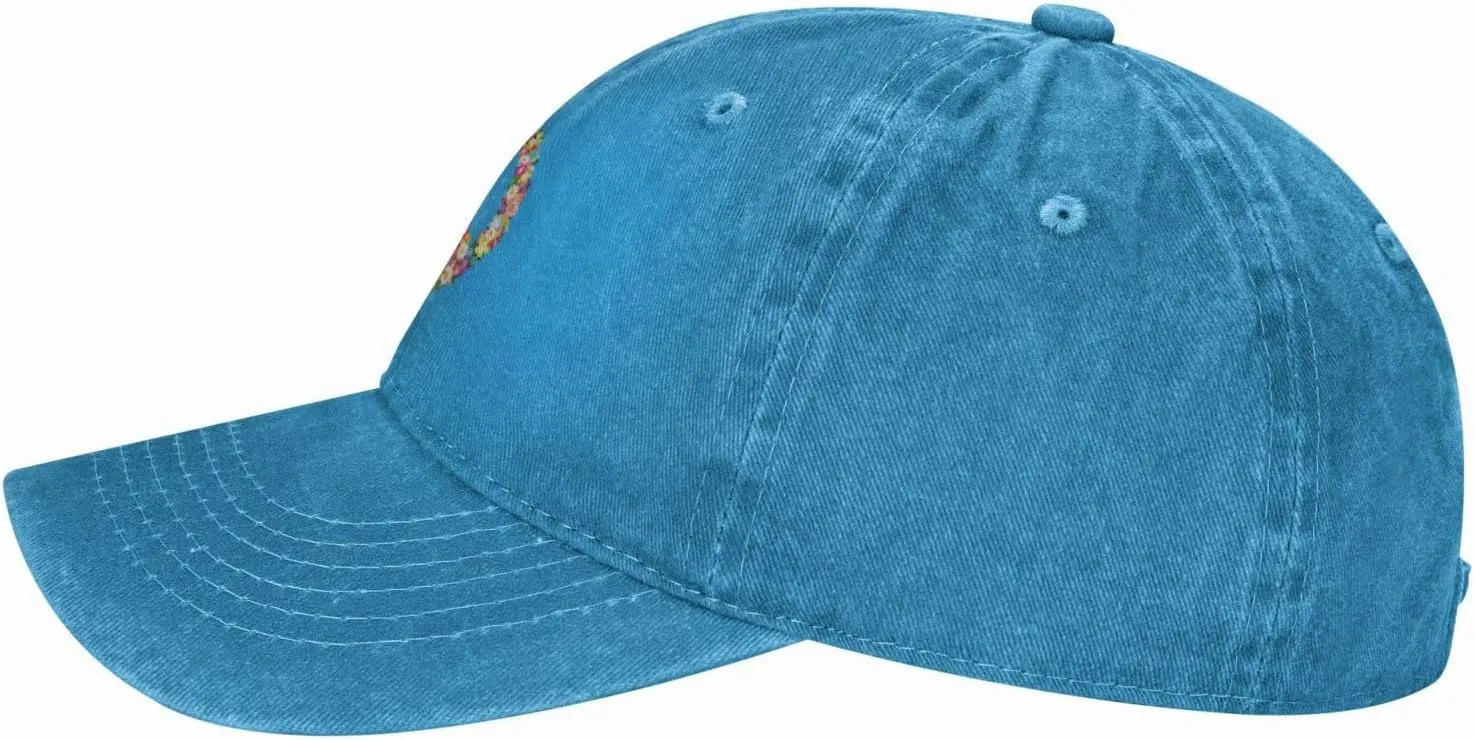 Washed Distressed Adjustable Peace and Love Symbol Flowers Womens Denim Baseball Cap Mom Trucker Hat Cap for Women
