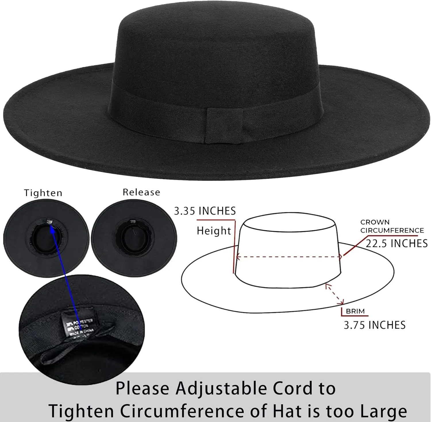 Women 3.75in-Large-Brim Felt-Fedora-Hat Flat-Top Derby-Cap Pork-Pie Boater-Hat Flat-Brim Church-Hat Wedding-Party Size:S/M