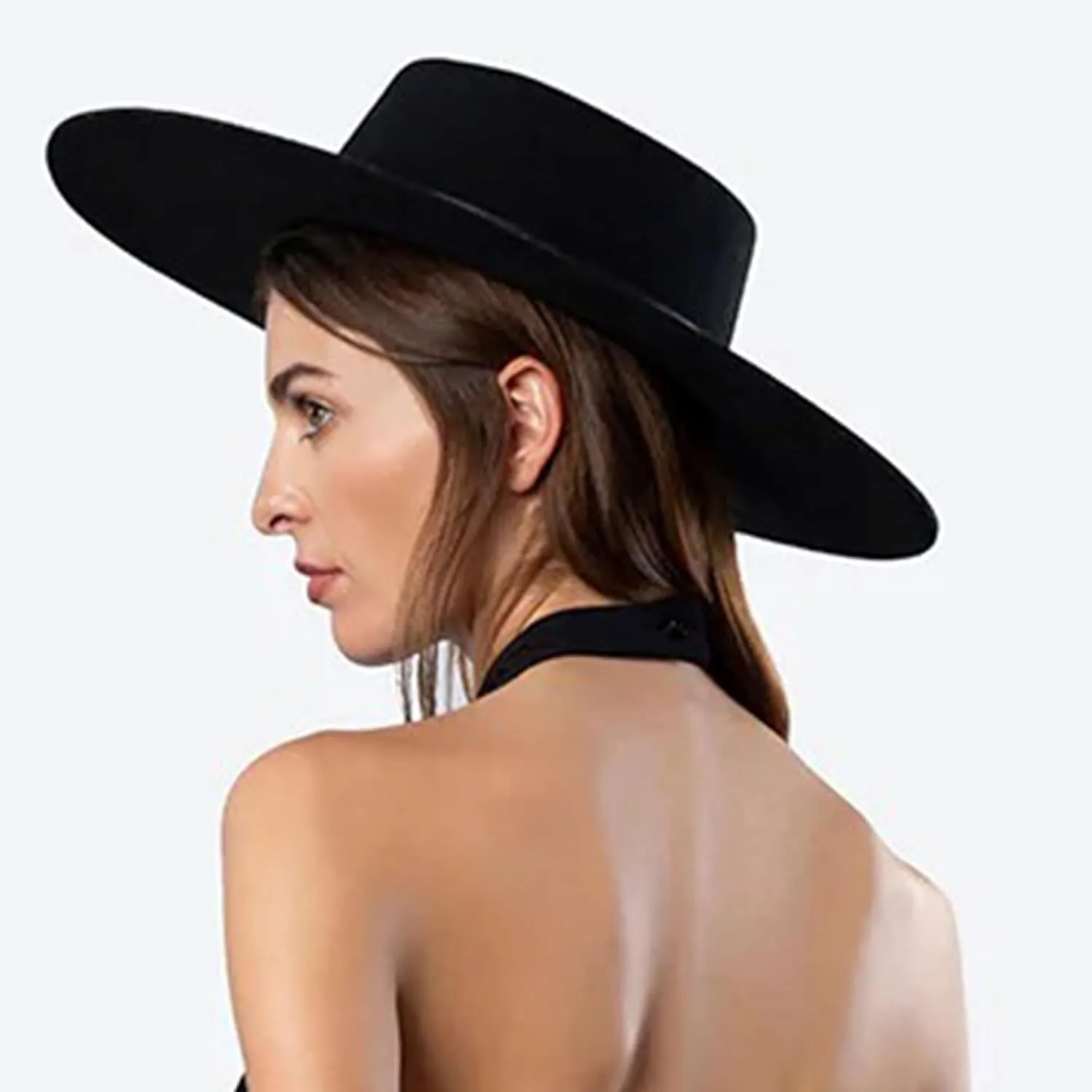 Women 3.75in-Large-Brim Felt-Fedora-Hat Flat-Top Derby-Cap Pork-Pie Boater-Hat Flat-Brim Church-Hat Wedding-Party Size:S/M