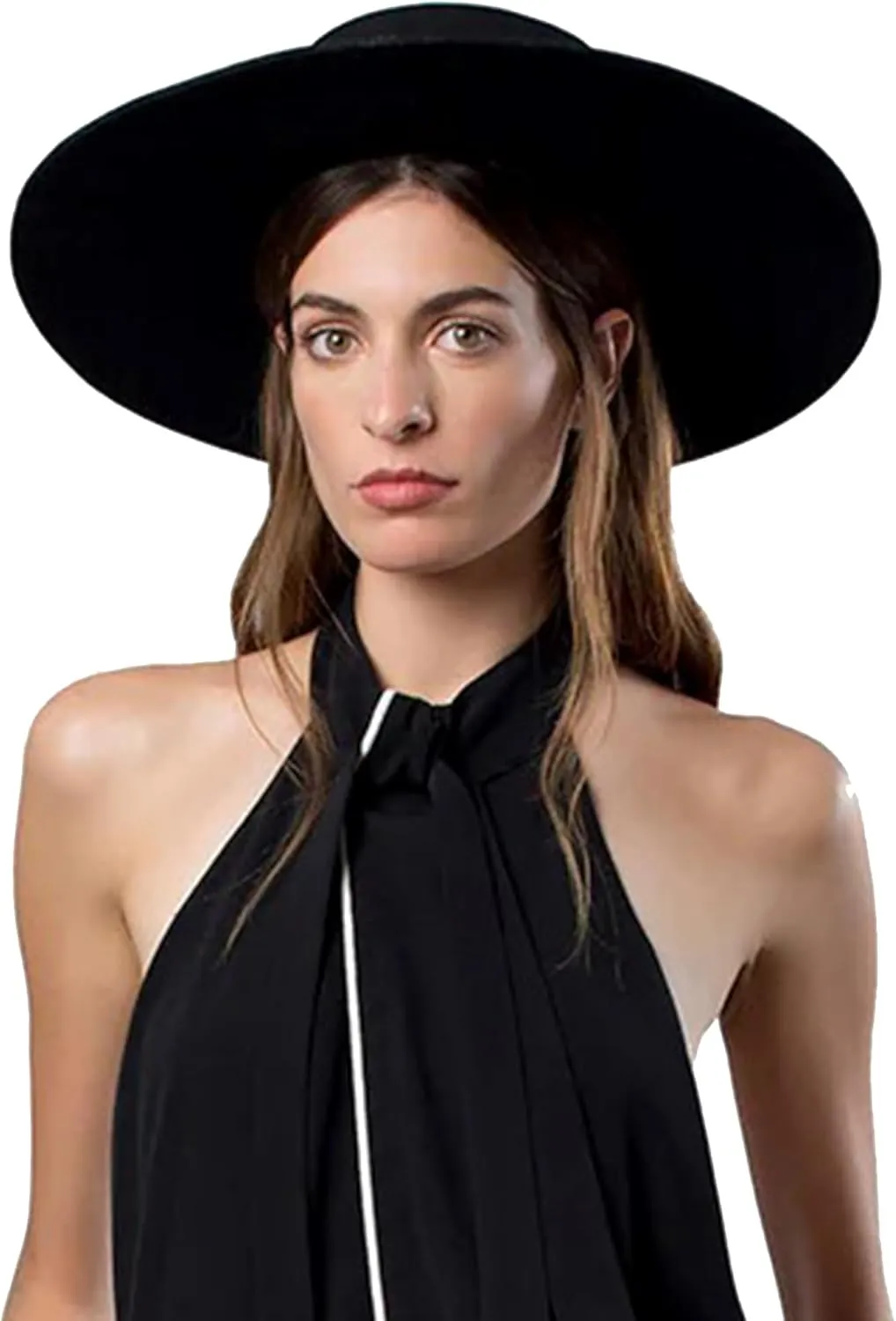Women 3.75in-Large-Brim Felt-Fedora-Hat Flat-Top Derby-Cap Pork-Pie Boater-Hat Flat-Brim Church-Hat Wedding-Party Size:S/M