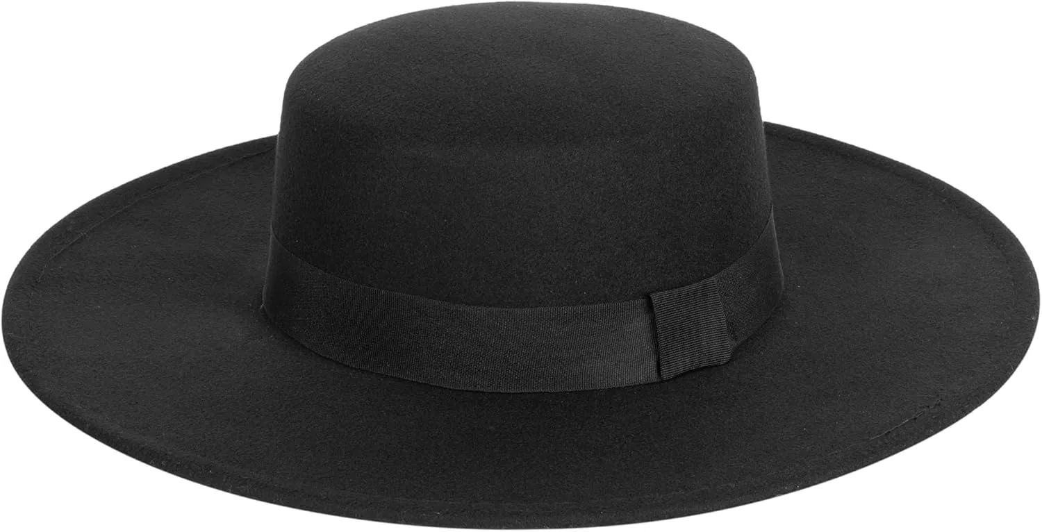 Women 3.75in-Large-Brim Felt-Fedora-Hat Flat-Top Derby-Cap Pork-Pie Boater-Hat Flat-Brim Church-Hat Wedding-Party Size:S/M