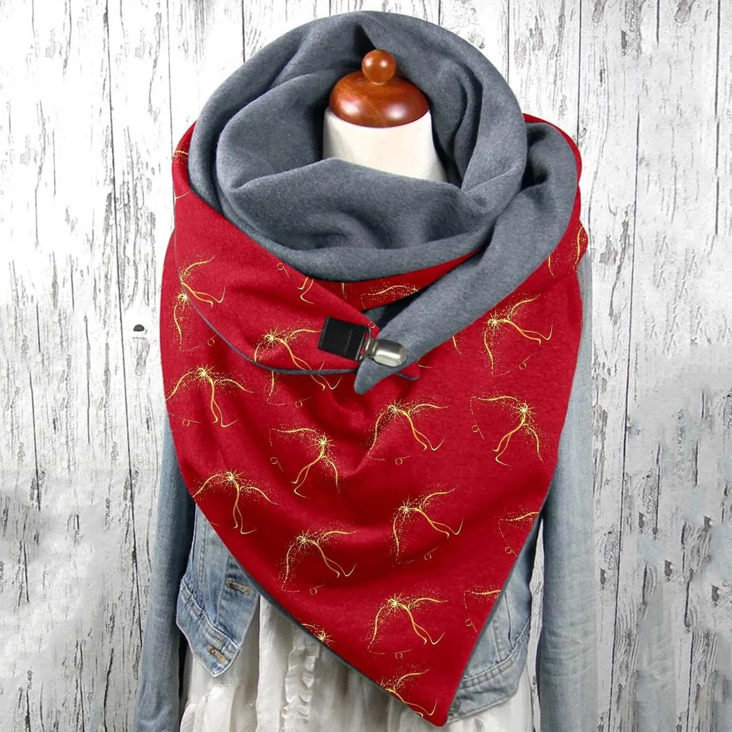Women Christmas Scarf and Wrap Santa Pattern Chunky Triangle Scarves with Button Gift for Xmas Luxurious Classic Big Cashmere
