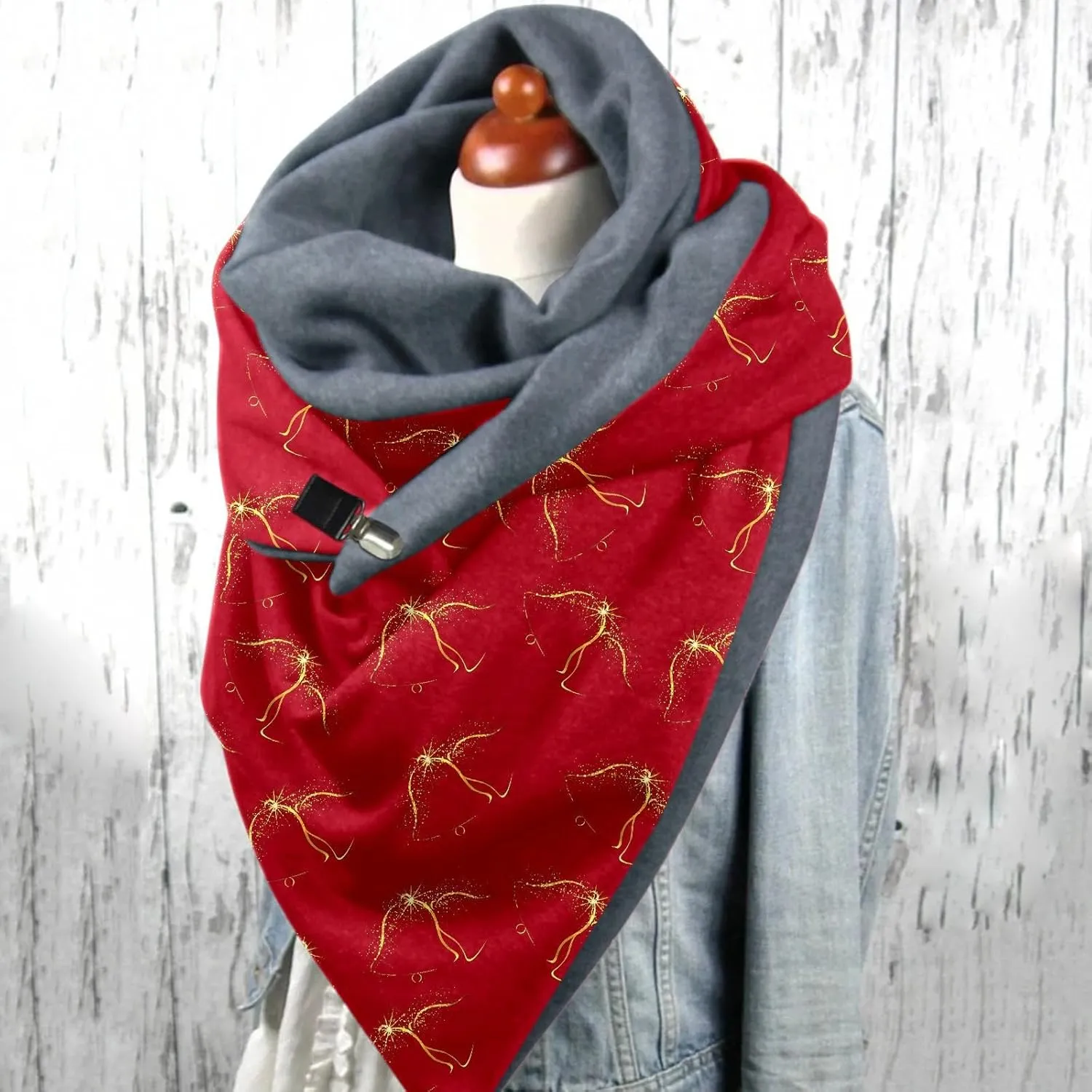 Women Christmas Scarf and Wrap Santa Pattern Chunky Triangle Scarves with Button Gift for Xmas Luxurious Classic Big Cashmere