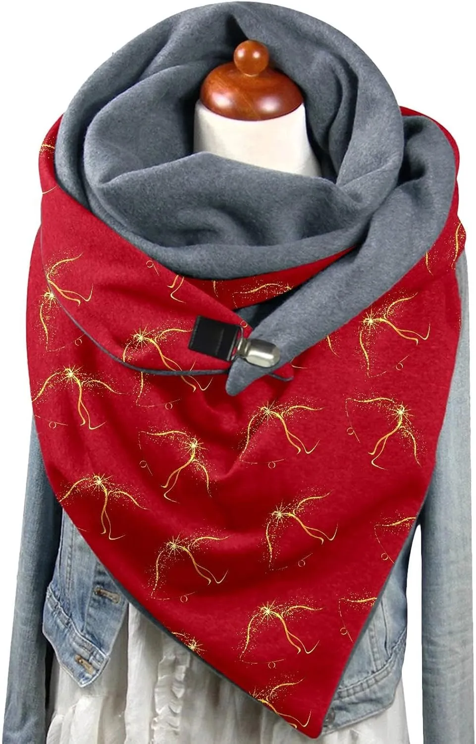 Women Christmas Scarf and Wrap Santa Pattern Chunky Triangle Scarves with Button Gift for Xmas Luxurious Classic Big Cashmere