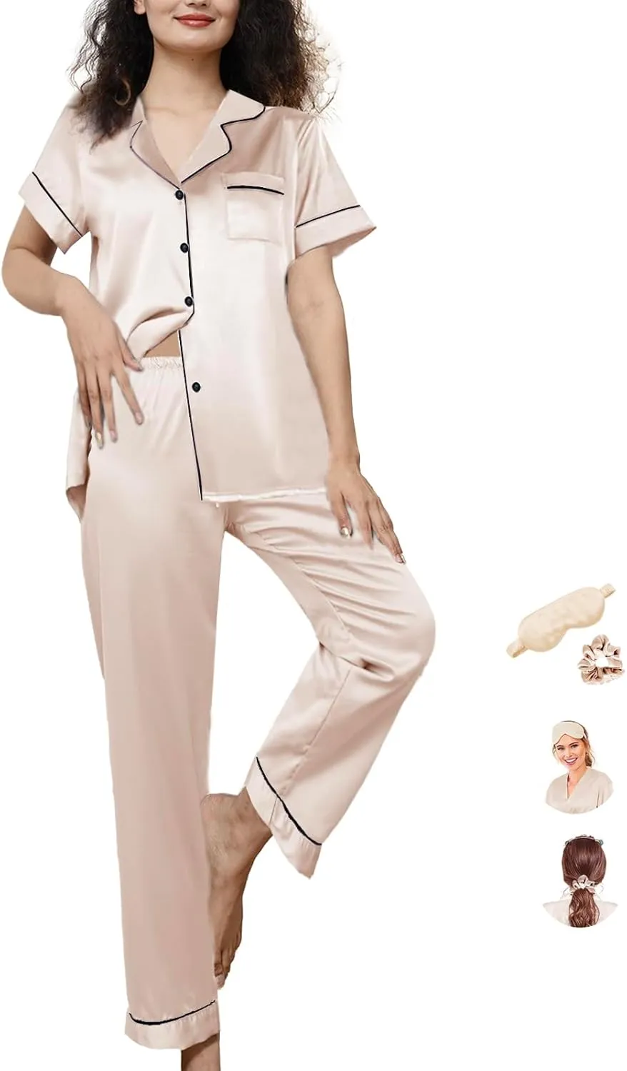 Womens Pajamas Set XS-4XL Silk Satin Pajama Sets Short Pj Sets Button Down Pjs Set Loungewear Sleepwear