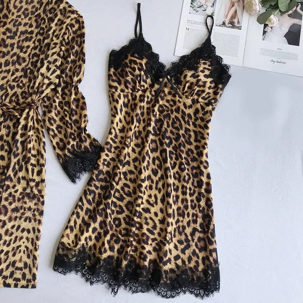 Womens Satin Silk Leopard Lingerie Sets Sexy Lace Cami Dress with Robes 2 Piece Slutty Sleepwear Bathrobe Nightdress