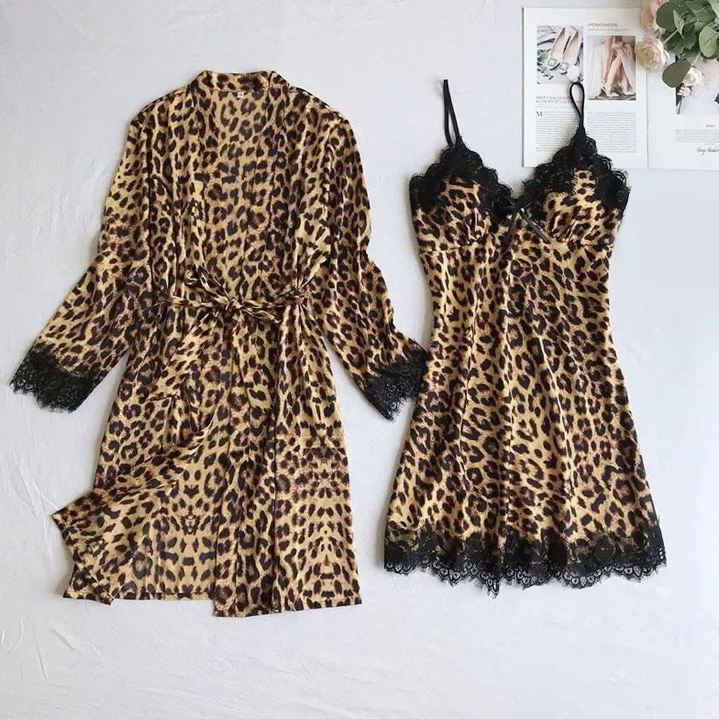 Womens Satin Silk Leopard Lingerie Sets Sexy Lace Cami Dress with Robes 2 Piece Slutty Sleepwear Bathrobe Nightdress