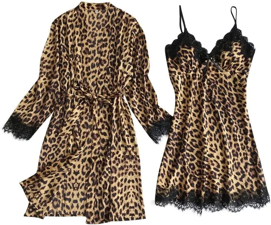 Womens Satin Silk Leopard Lingerie Sets Sexy Lace Cami Dress with Robes 2 Piece Slutty Sleepwear Bathrobe Nightdress