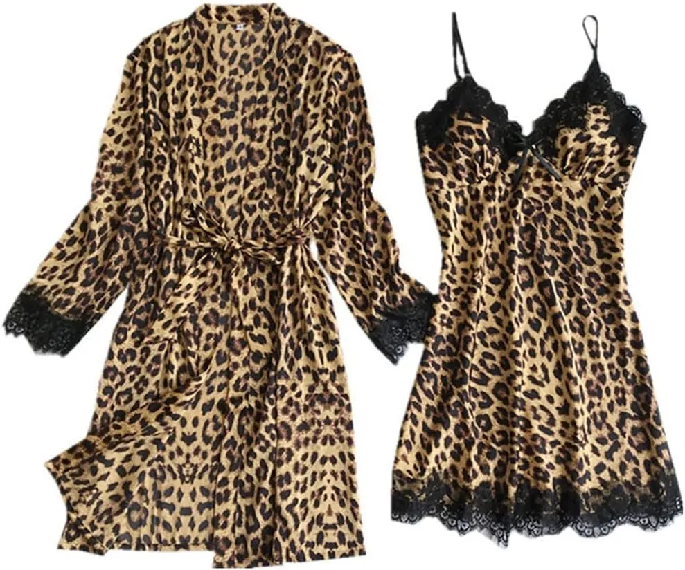Womens Satin Silk Leopard Lingerie Sets Sexy Lace Cami Dress with Robes 2 Piece Slutty Sleepwear Bathrobe Nightdress