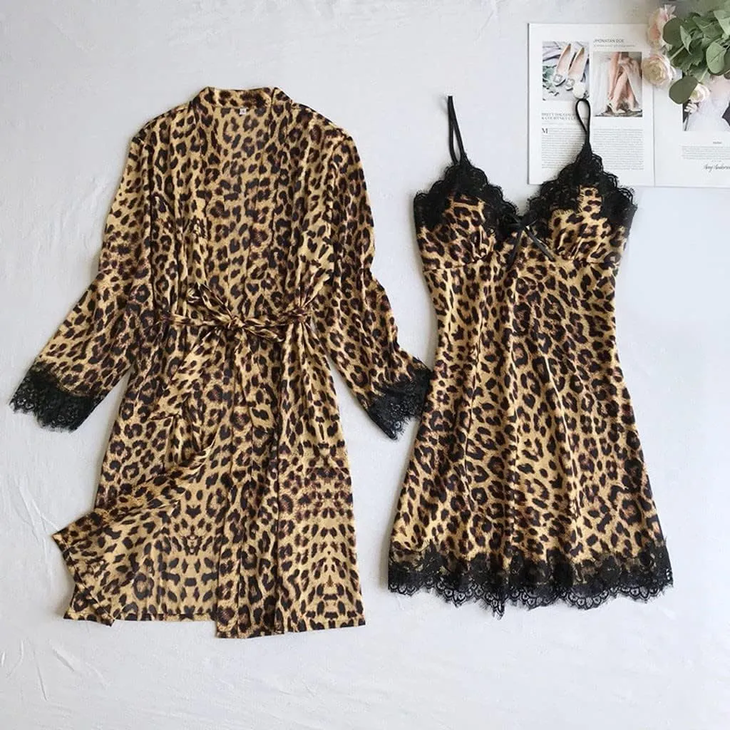 Womens Satin Silk Leopard Lingerie Sets Sexy Lace Cami Dress with Robes 2 Piece Slutty Sleepwear Bathrobe Nightdress