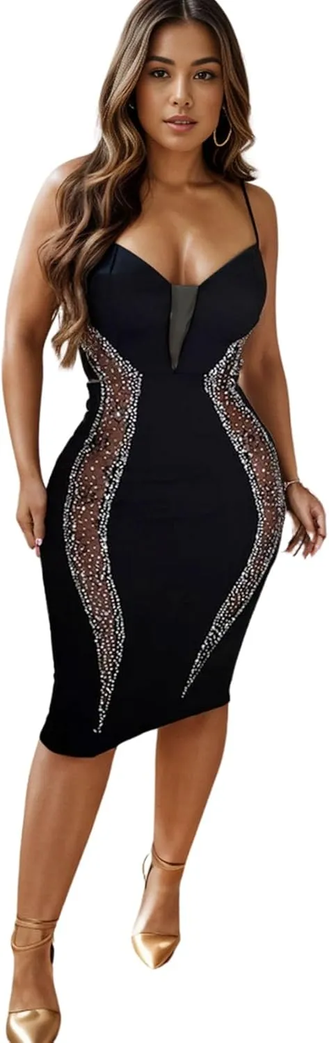 Zoctuo Party Club Night Outfits for Women Sexy Elegant Rhinestone Bodycon Dress Hot Drilling Evening Gowns