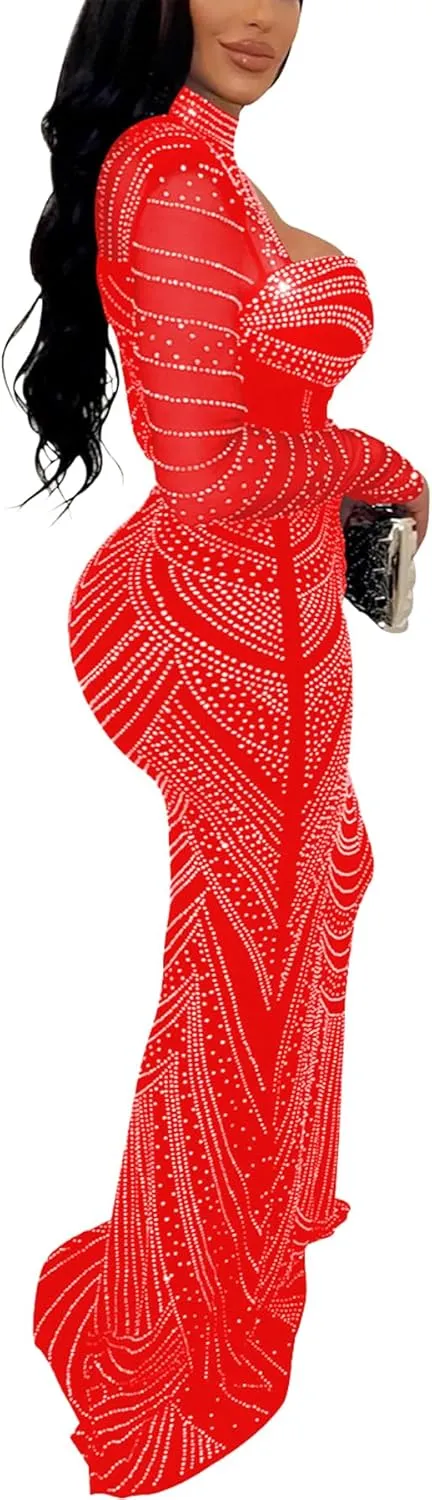 Zoctuo Women's Sexy Elegant Rhinestone Birthday Party Club Outfit Mesh See Through Long Sleeve Bodycon Maxi Prom Dress