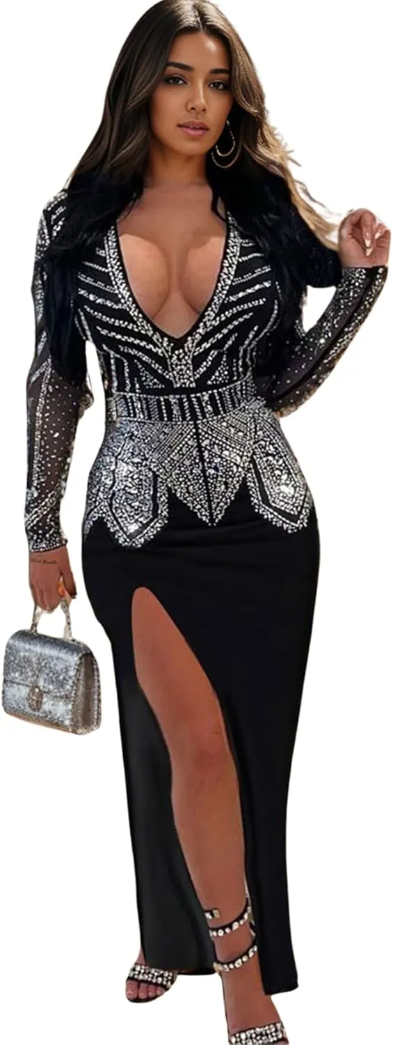 Zoctuo Women's Sexy Elegant Rhinestone Birthday Party Club Outfit Mesh See Through Long Sleeve Bodycon Maxi Prom Dress
