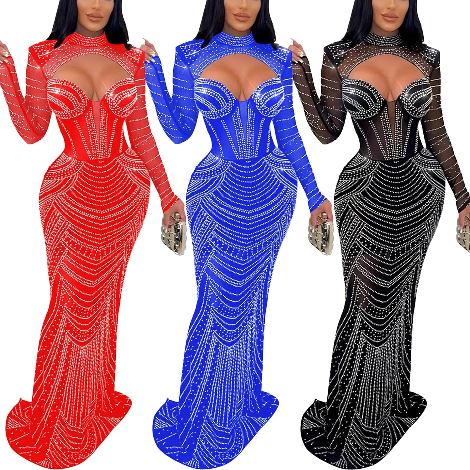 Zoctuo Women's Sexy Elegant Rhinestone Birthday Party Club Outfit Mesh See Through Long Sleeve Bodycon Maxi Prom Dress