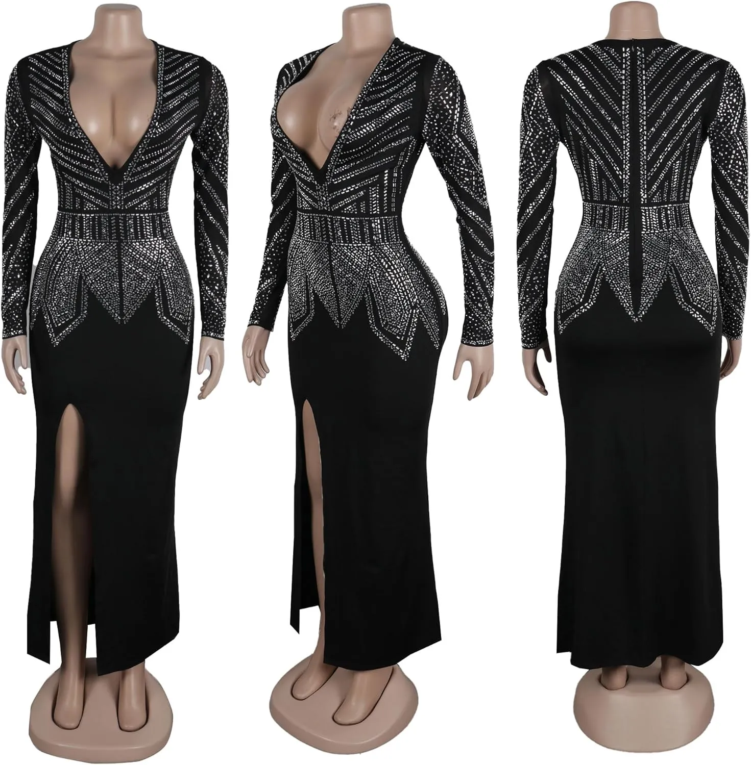 Zoctuo Women's Sexy Elegant Rhinestone Birthday Party Club Outfit Mesh See Through Long Sleeve Bodycon Maxi Prom Dress