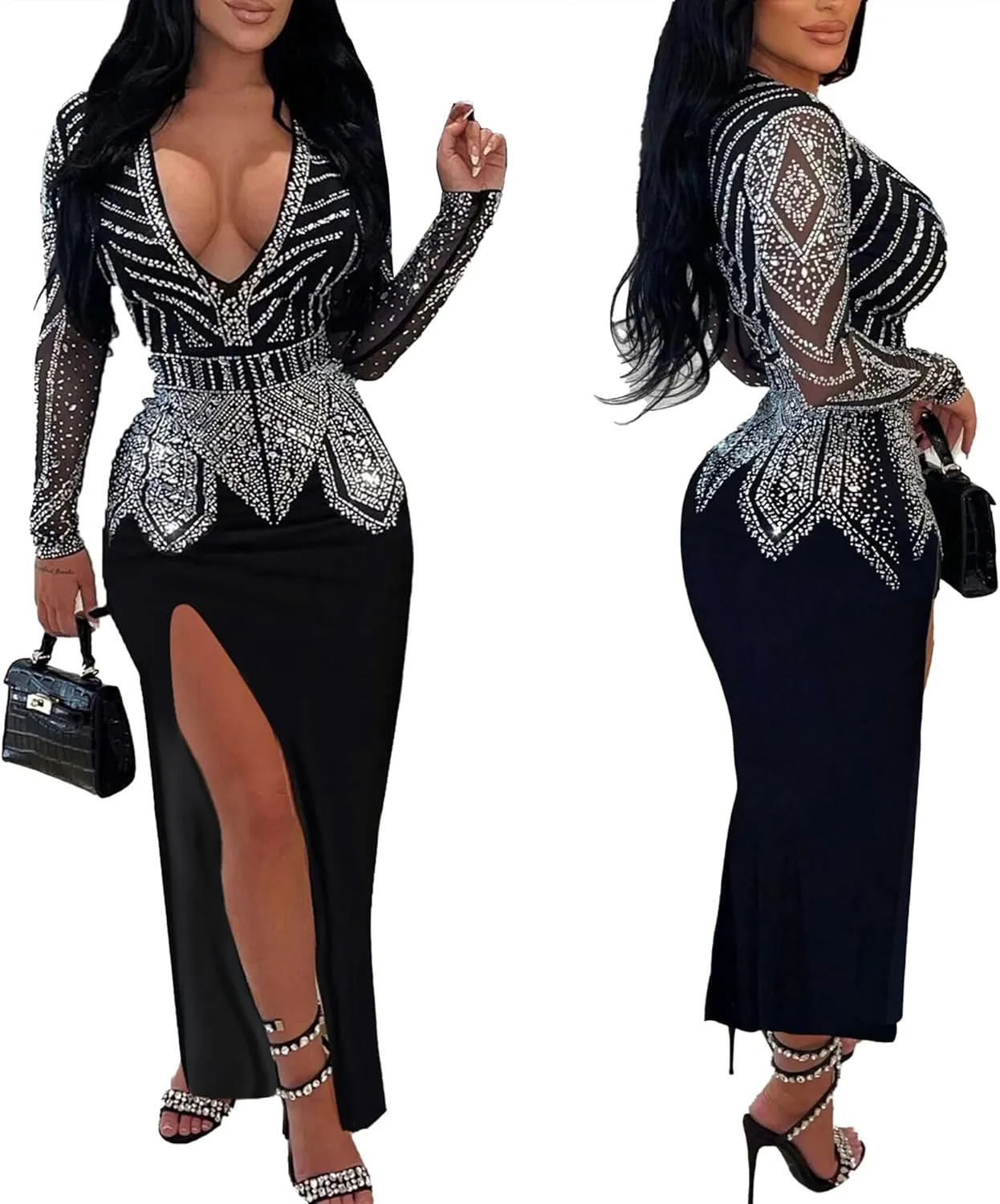 Zoctuo Women's Sexy Elegant Rhinestone Birthday Party Club Outfit Mesh See Through Long Sleeve Bodycon Maxi Prom Dress