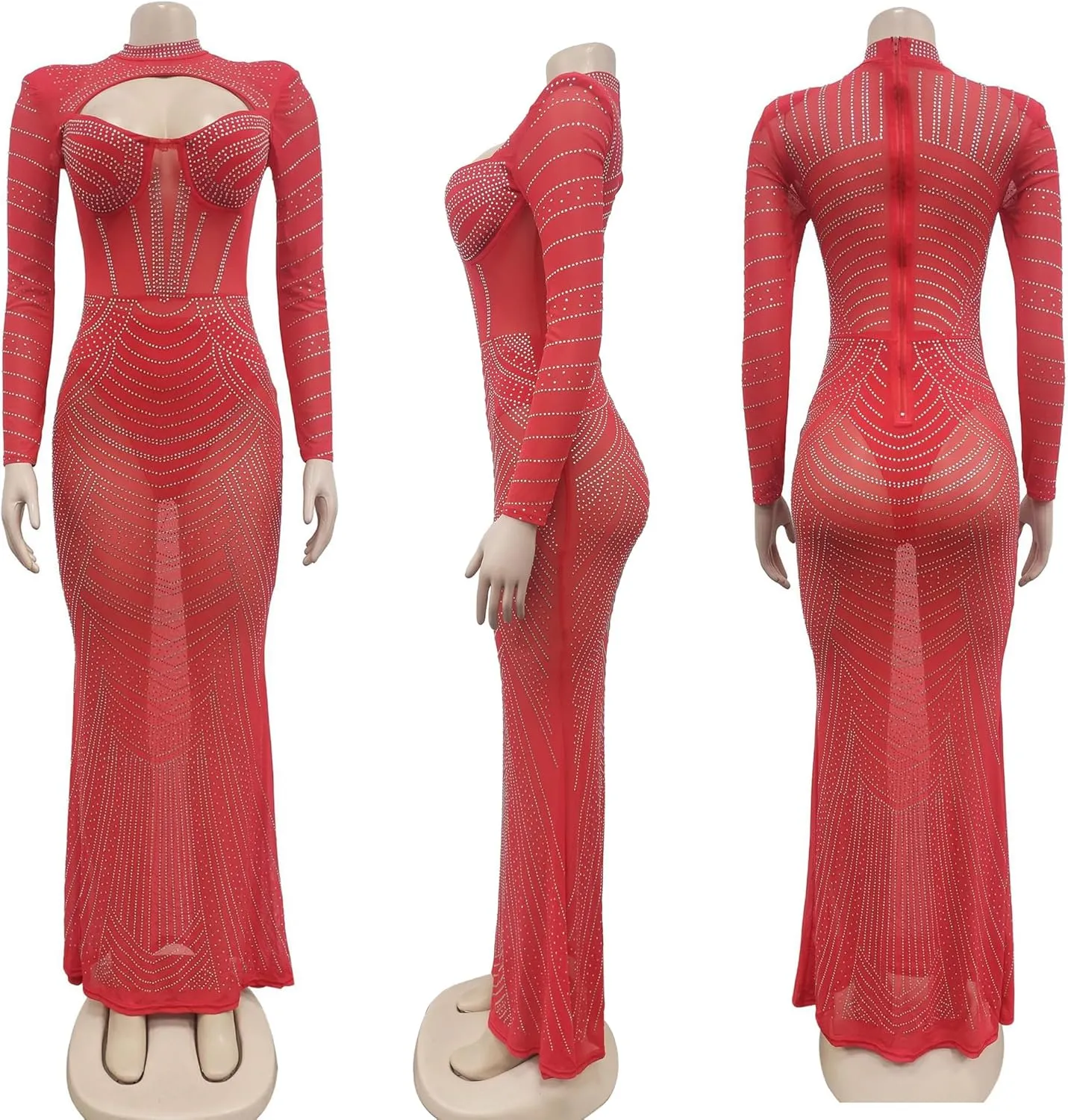Zoctuo Women's Sexy Elegant Rhinestone Birthday Party Club Outfit Mesh See Through Long Sleeve Bodycon Maxi Prom Dress