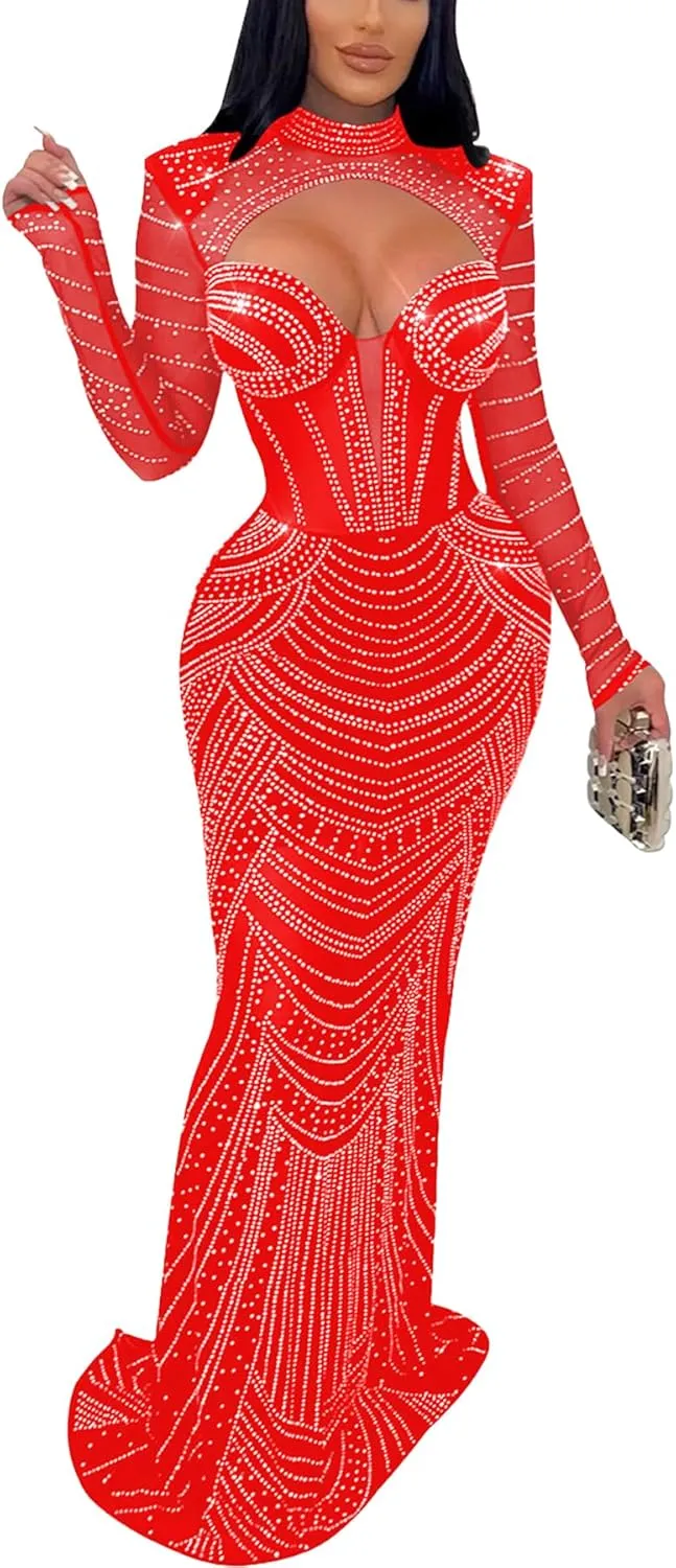 Zoctuo Women's Sexy Elegant Rhinestone Birthday Party Club Outfit Mesh See Through Long Sleeve Bodycon Maxi Prom Dress