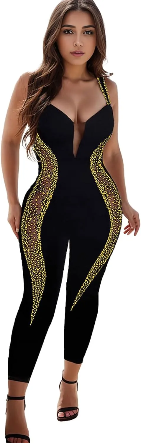 Zoctuo Women's Sexy Elegant Sparkly Rhinestone Bodycon Jumpsuits Mesh See Through Rompers Party Club Night Outfits