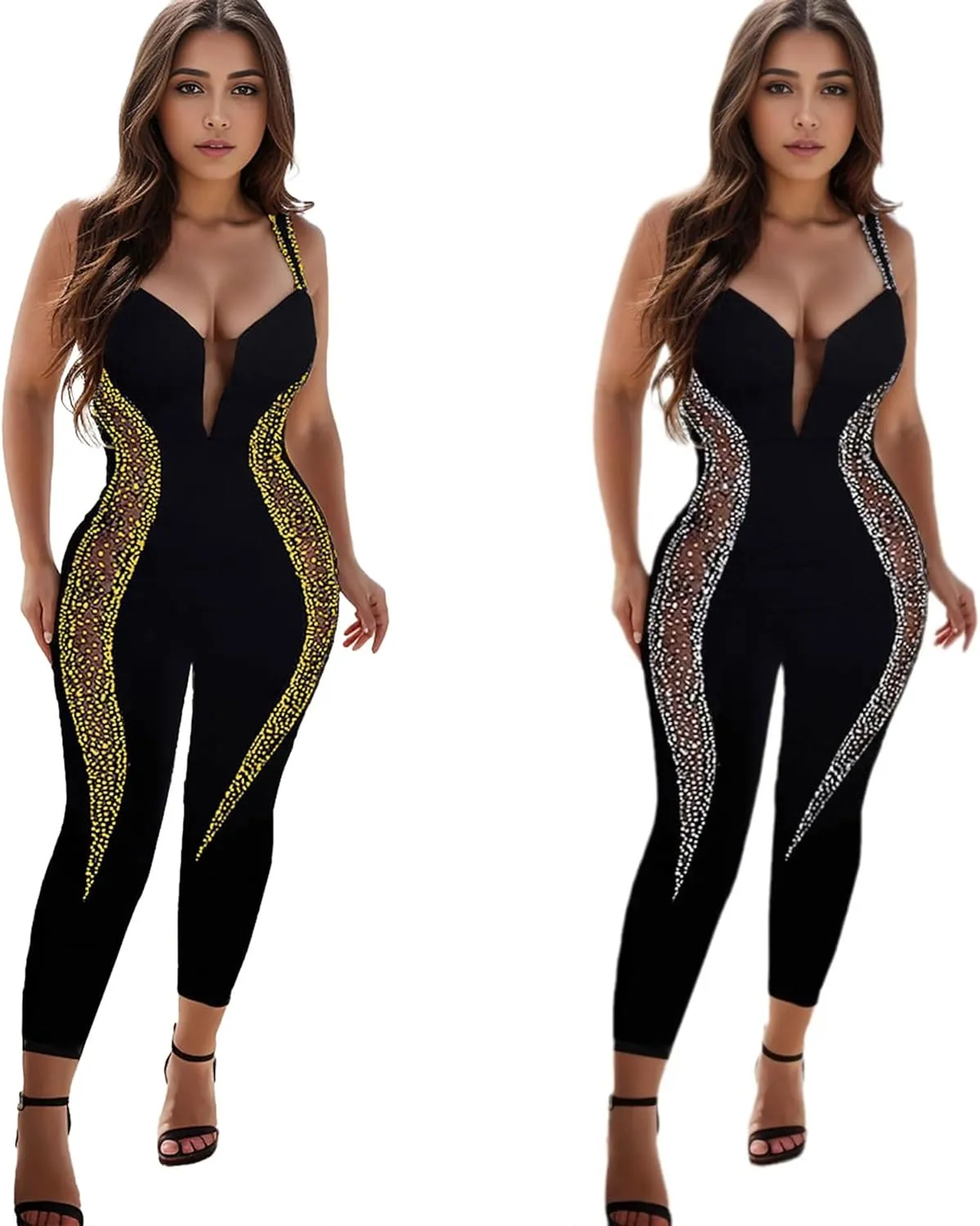 Zoctuo Women's Sexy Elegant Sparkly Rhinestone Bodycon Jumpsuits Mesh See Through Rompers Party Club Night Outfits