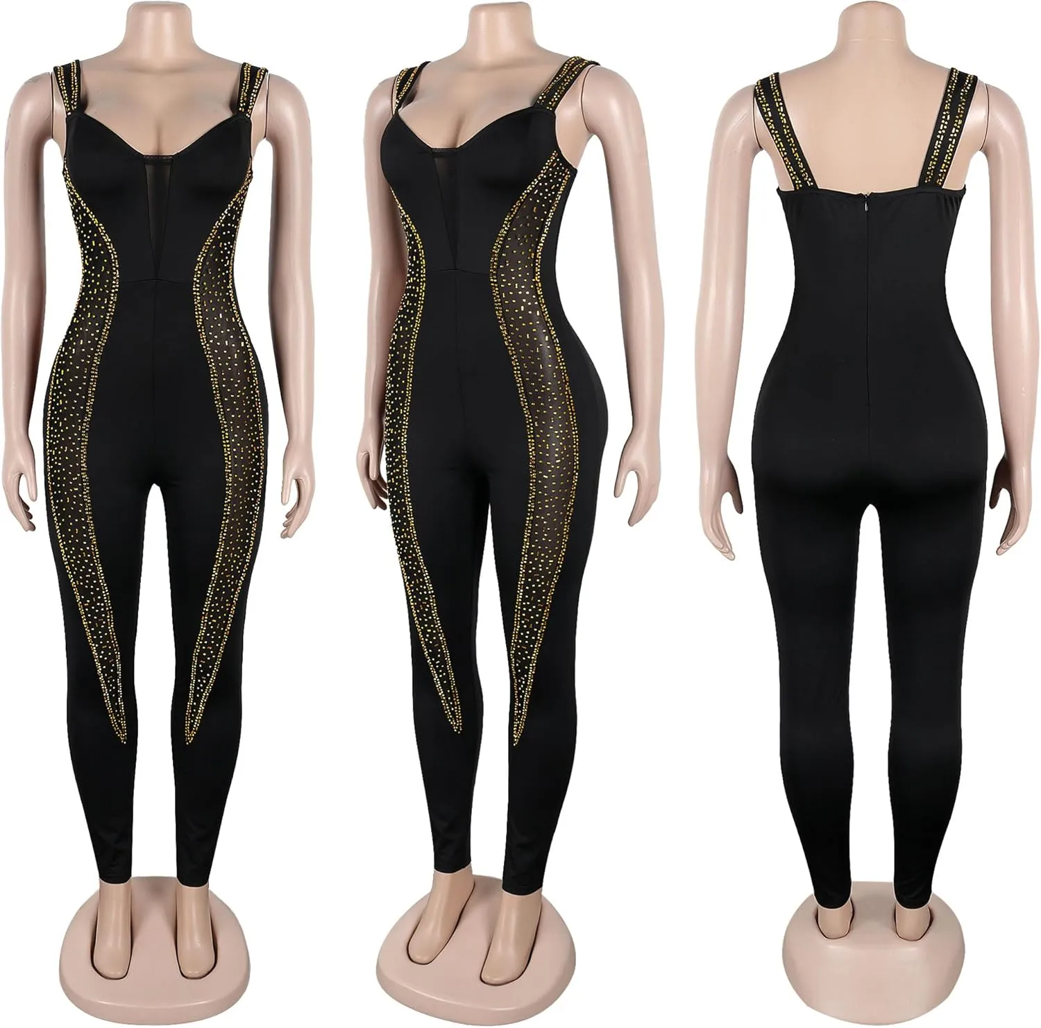 Zoctuo Women's Sexy Elegant Sparkly Rhinestone Bodycon Jumpsuits Mesh See Through Rompers Party Club Night Outfits